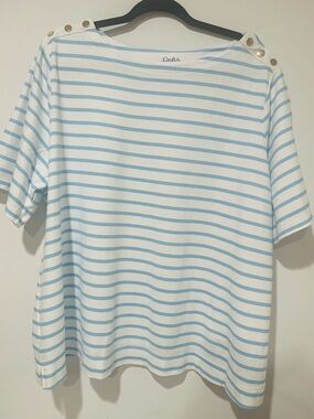 croft & barrow White Top with Light Blue Stripes and Shoulder Buttons